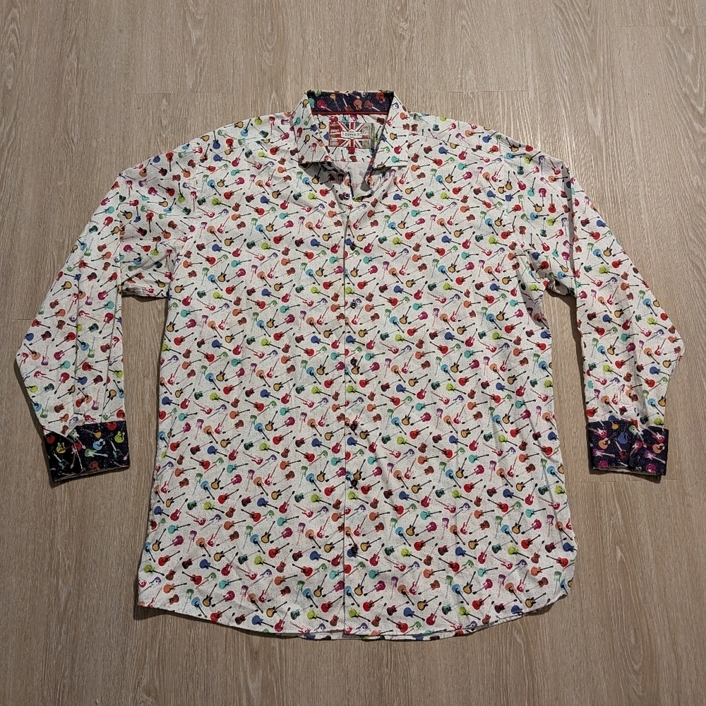 7 Downie Street Shirt Men's 3XL London Couture Guitar Print Flip Cuff
